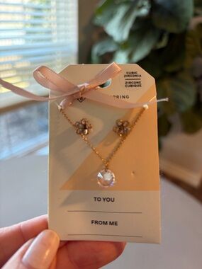 Aldo Rose Gold Crystal Pendant Necklace and Flower Studs